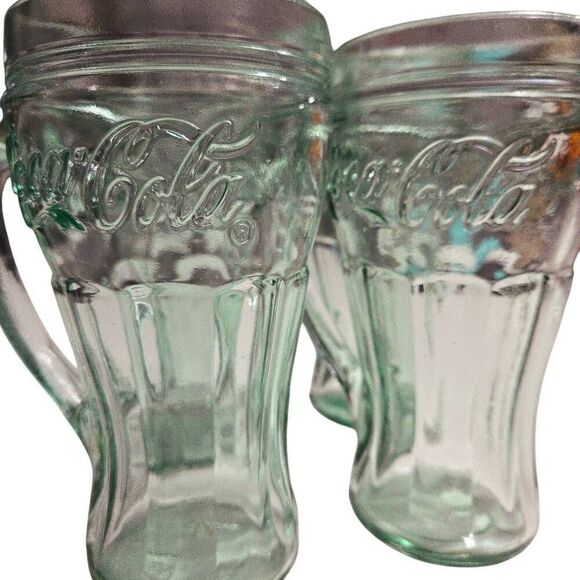 Green Tinted Coca-Cola 16 oz. Glass Mugs With Handles 6-1/2" Tall Lot Of 4 - Picture 7 of 10